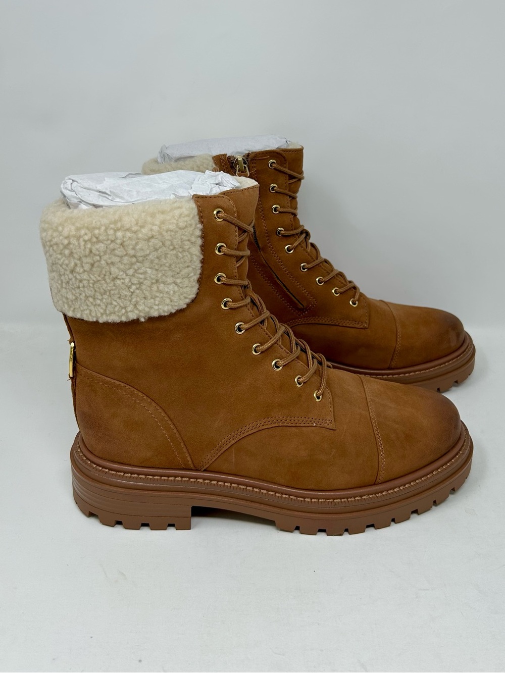 NEW Sam Edelman Aleia Tan Shearling-Trim Combat Boots Women's Size 9